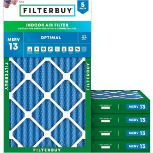 imageFilterbuy 10x20x2 Air Filter MERV 13 Optimal Defense 5Pack Pleated HVAC AC Furnace Air Filters Replacement Actual Size 950 x 1950 x 175 Inches