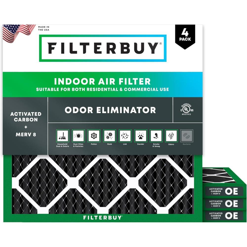 imageFilterbuy 12x24x1 Air Filter MERV 8 Odor Eliminator 4Pack Pleated HVAC AC Furnace Air Filters Replacement with Activated Carbon Actual Size 1150 x 2350 x 075 Inches10x10x1