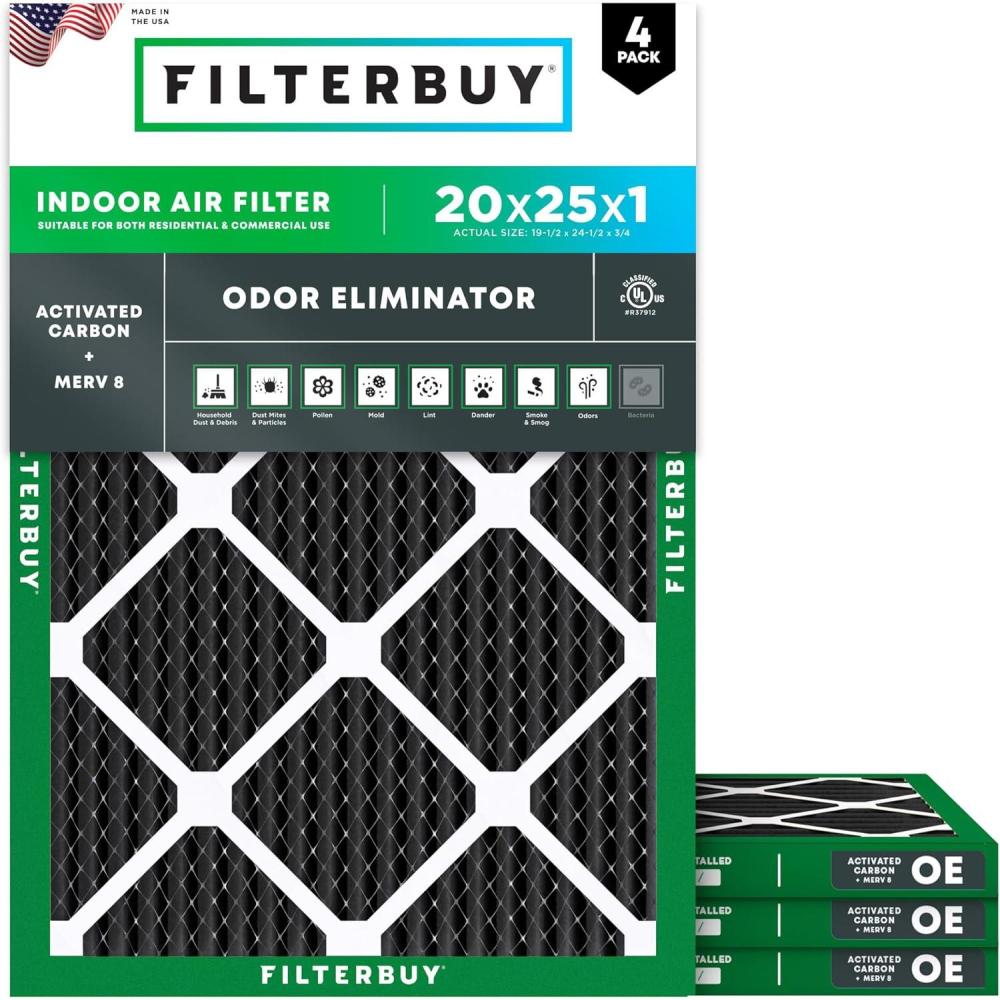 imageFilterbuy 12x24x1 Air Filter MERV 8 Odor Eliminator 4Pack Pleated HVAC AC Furnace Air Filters Replacement with Activated Carbon Actual Size 1150 x 2350 x 075 Inches20x25x1