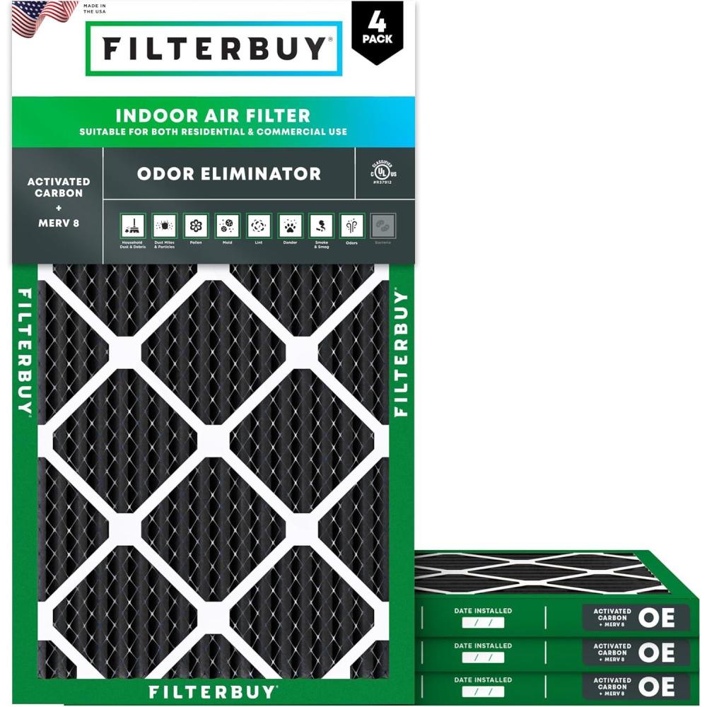 imageFilterbuy 12x24x1 Air Filter MERV 8 Odor Eliminator 4Pack Pleated HVAC AC Furnace Air Filters Replacement with Activated Carbon Actual Size 1150 x 2350 x 075 Inches12x25x1