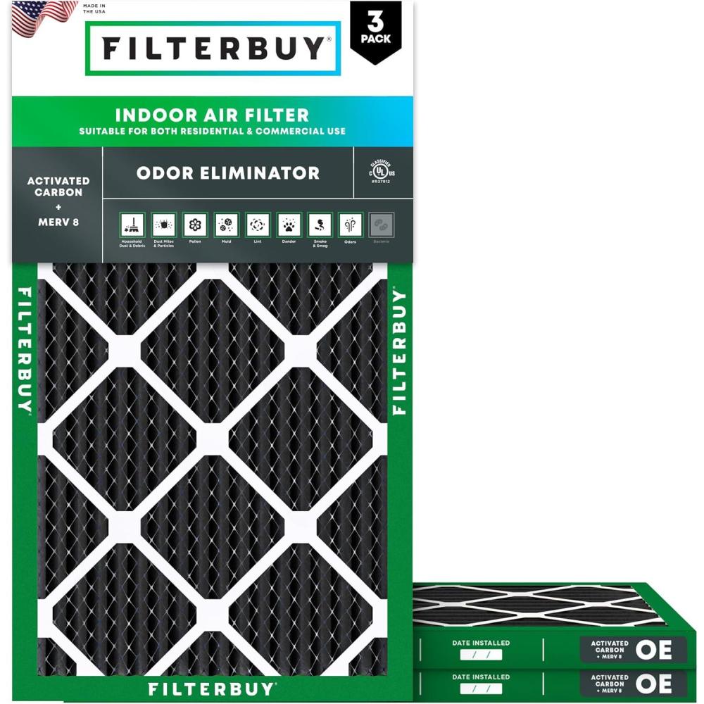 imageFilterbuy 12x30x1 Air Filter MERV 8 Odor Eliminator 3Pack Pleated HVAC AC Furnace Air Filters Replacement with Activated Carbon Actual Size 1188 x 2988 x 075 Inches16x25x1