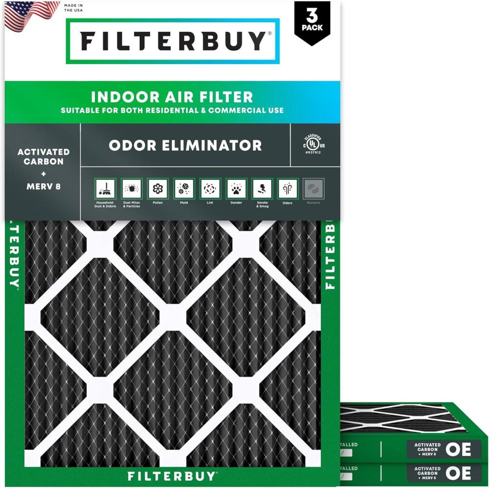 imageFilterbuy 12x30x1 Air Filter MERV 8 Odor Eliminator 3Pack Pleated HVAC AC Furnace Air Filters Replacement with Activated Carbon Actual Size 1188 x 2988 x 075 Inches20x24x1