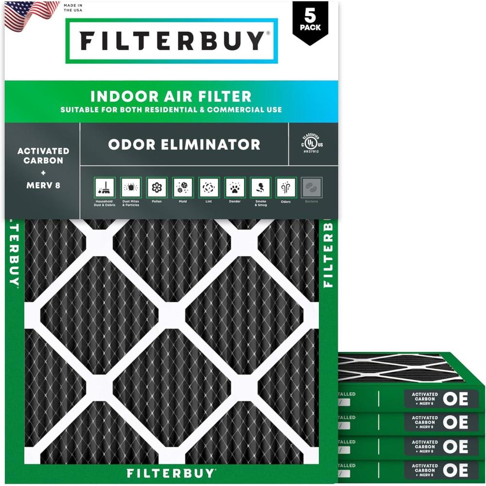 imageFilterbuy 14x30x1 Air Filter MERV 8 Odor Eliminator 5Pack Pleated HVAC AC Furnace Air Filters Replacement with Activated Carbon Actual Size 1388 x 2988 x 075 Inches18x20x1