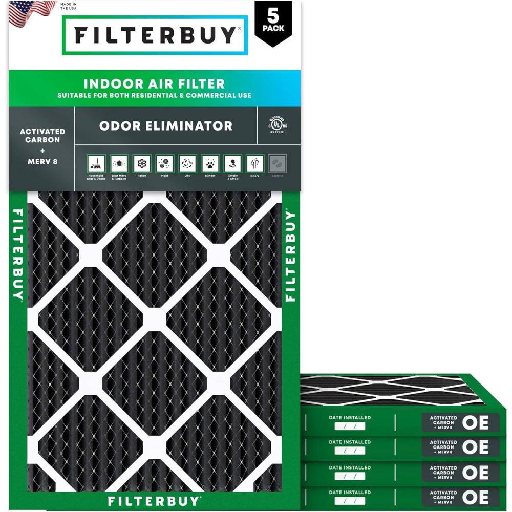 imageFilterbuy 14x30x1 Air Filter MERV 8 Odor Eliminator 5Pack Pleated HVAC AC Furnace Air Filters Replacement with Activated Carbon Actual Size 1388 x 2988 x 075 Inches10x30x1