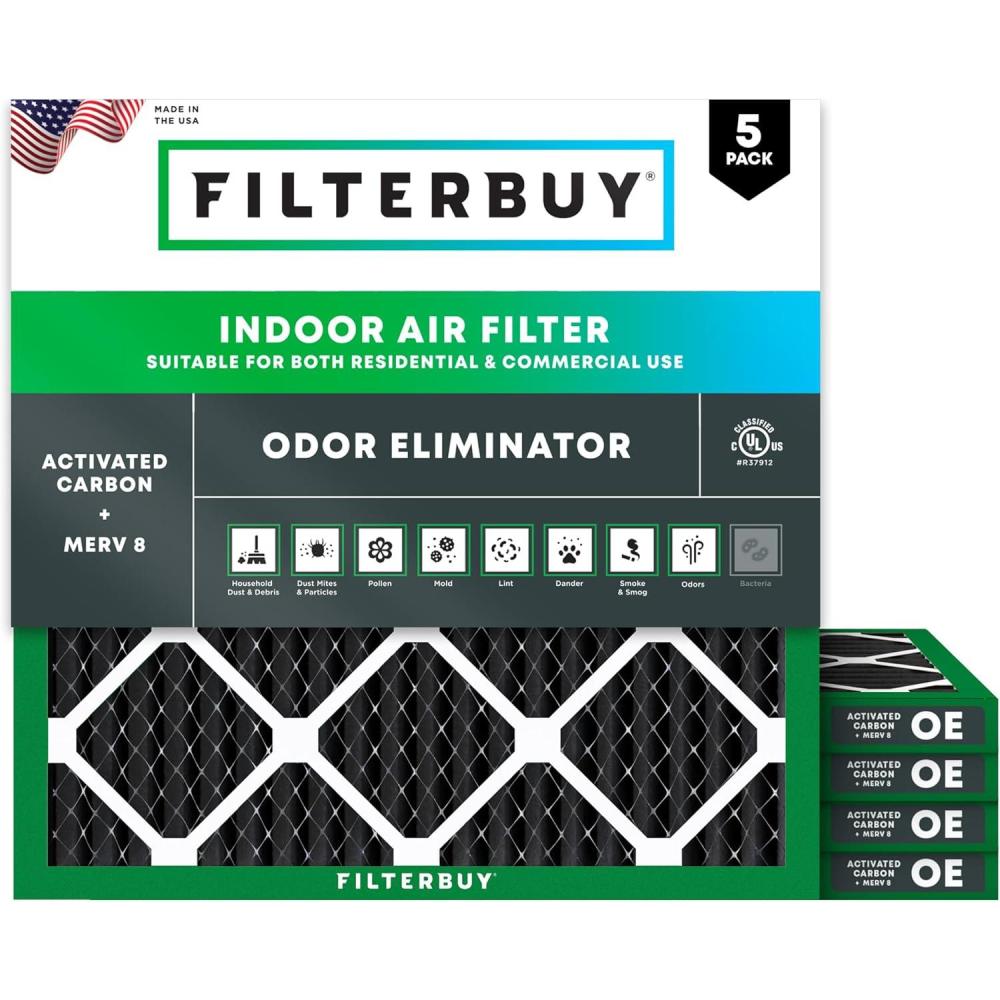 imageFilterbuy 14x30x1 Air Filter MERV 8 Odor Eliminator 5Pack Pleated HVAC AC Furnace Air Filters Replacement with Activated Carbon Actual Size 1388 x 2988 x 075 Inches10x10x1