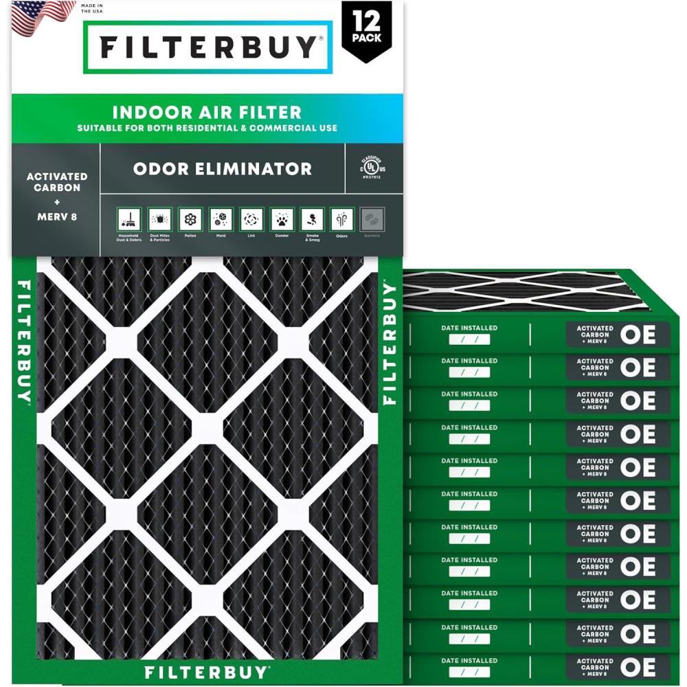 imageFilterbuy 16x24x1 Air Filter MERV 8 Odor Eliminator 12Pack Pleated HVAC AC Furnace Air Filters Replacement with Activated Carbon Actual Size 1538 x 2338 x 075 Inches16x25x1