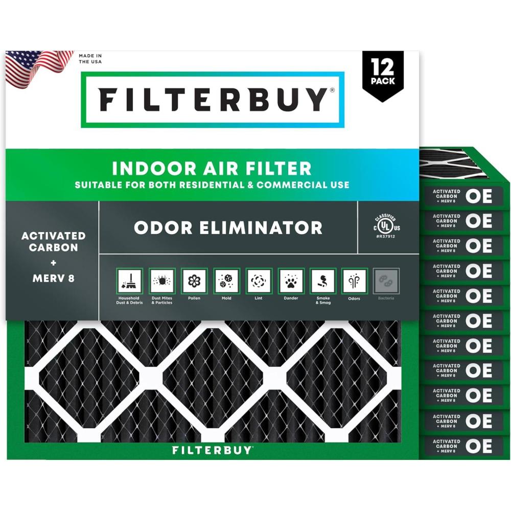 imageFilterbuy 16x24x1 Air Filter MERV 8 Odor Eliminator 12Pack Pleated HVAC AC Furnace Air Filters Replacement with Activated Carbon Actual Size 1538 x 2338 x 075 Inches16x16x1