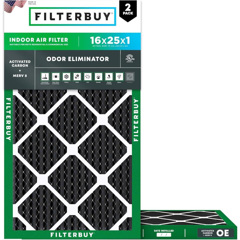 imageFilterbuy 17x25x1 Air Filter MERV 8 Odor Eliminator 2Pack Pleated HVAC AC Furnace Air Filters Replacement with Activated Carbon Actual Size 1650 x 2450 x 075 Inches16x25x1