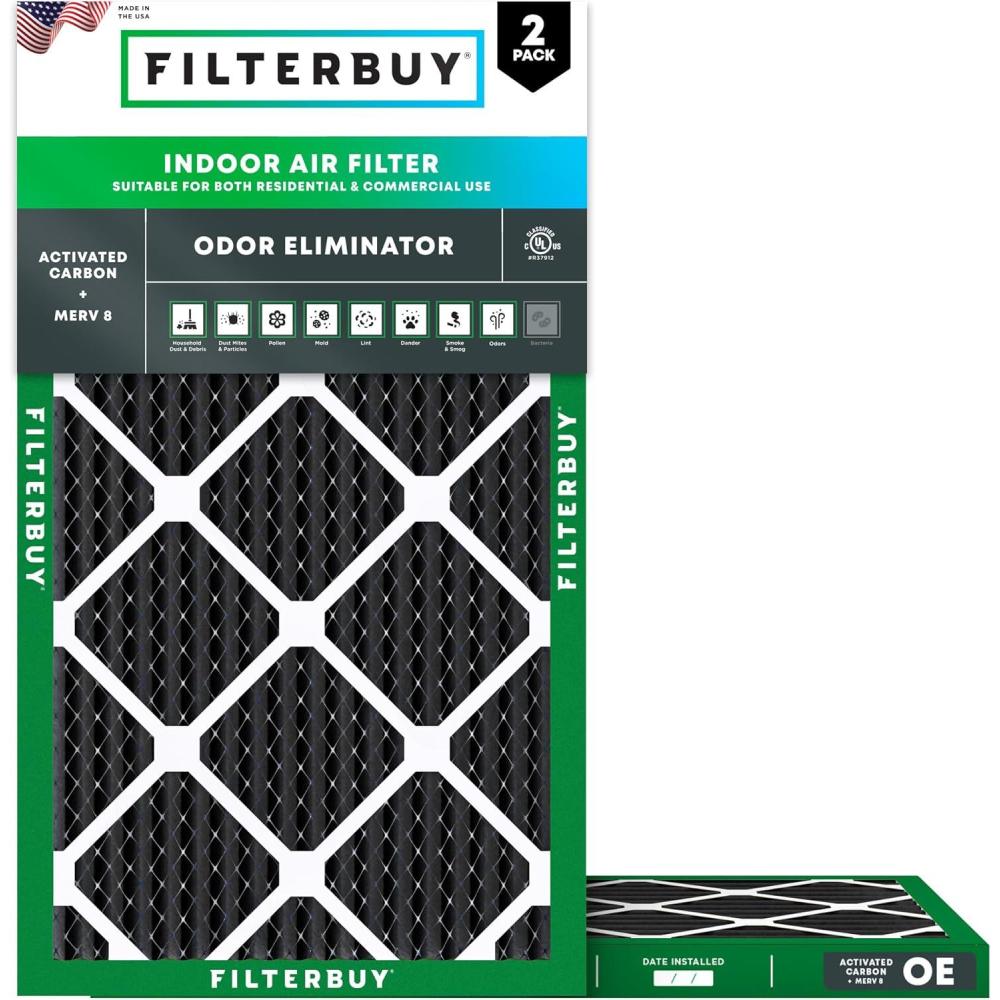 imageFilterbuy 17x25x1 Air Filter MERV 8 Odor Eliminator 2Pack Pleated HVAC AC Furnace Air Filters Replacement with Activated Carbon Actual Size 1650 x 2450 x 075 Inches12x25x1