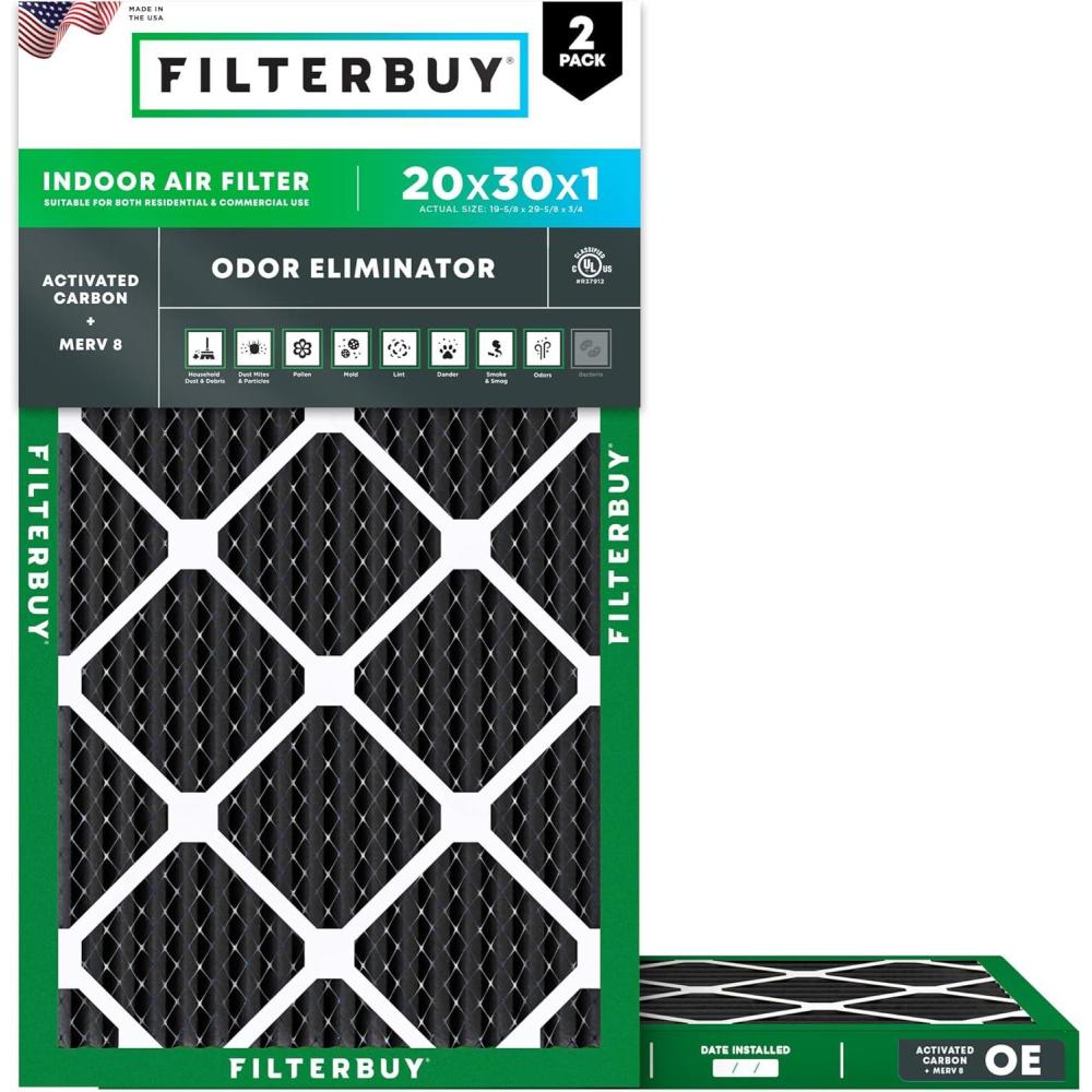 imageFilterbuy 17x25x1 Air Filter MERV 8 Odor Eliminator 2Pack Pleated HVAC AC Furnace Air Filters Replacement with Activated Carbon Actual Size 1650 x 2450 x 075 Inches20x30x1