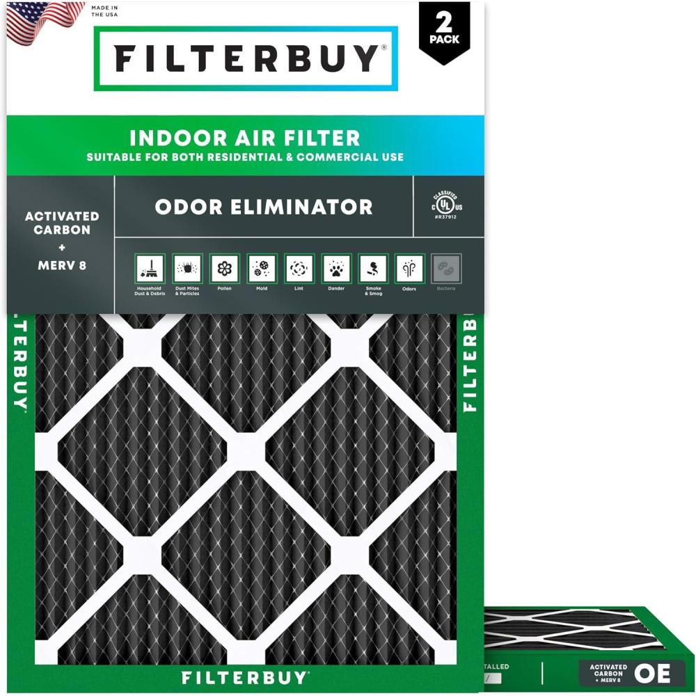 imageFilterbuy 17x25x1 Air Filter MERV 8 Odor Eliminator 2Pack Pleated HVAC AC Furnace Air Filters Replacement with Activated Carbon Actual Size 1650 x 2450 x 075 Inches18x25x1