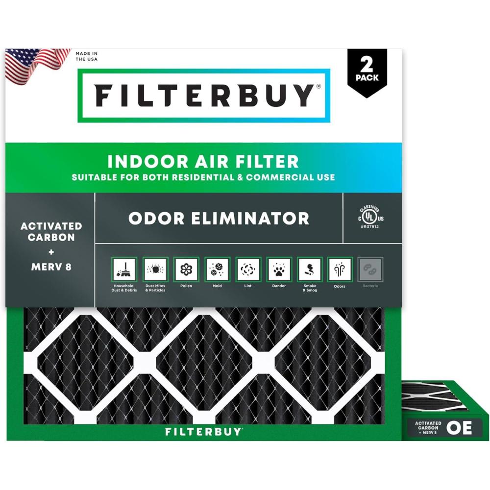 imageFilterbuy 17x25x1 Air Filter MERV 8 Odor Eliminator 2Pack Pleated HVAC AC Furnace Air Filters Replacement with Activated Carbon Actual Size 1650 x 2450 x 075 Inches10x10x1