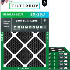 imageFilterbuy 10x10x1 Air Filter MERV 8 MPR 700 Odor Eliminator Replacement 6Pack Electrostatic Pleated HVAC AC Furnace Filters wActivated Carbon Made in USA Actual Size 950 x 950 x 07520x25x1