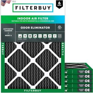imageFilterbuy 10x10x1 Air Filter MERV 8 MPR 700 Odor Eliminator Replacement 6Pack Electrostatic Pleated HVAC AC Furnace Filters wActivated Carbon Made in USA Actual Size 950 x 950 x 07516x20x1
