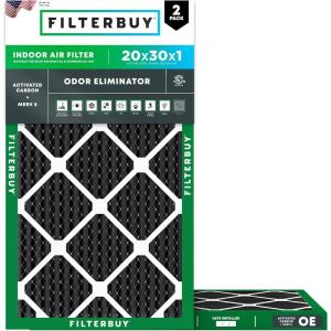 imageFilterbuy 17x25x1 Air Filter MERV 8 Odor Eliminator 2Pack Pleated HVAC AC Furnace Air Filters Replacement with Activated Carbon Actual Size 1650 x 2450 x 075 Inches20x30x1