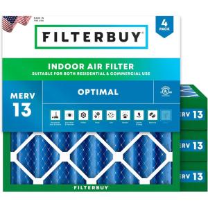 imageFilterbuy 10x10x4 Air Filter MERV 13 MPR 1900 Health Defense Replacement 4Pack Electrostatic Pleated HVAC AC Furnace Filters Made in USA Actual Size 950 x 950 x 363