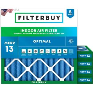 imageFilterbuy 1125x1125x2 Air Filter MERV 13 Optimal Defense 5Pack Pleated HVAC AC Furnace Air Filters Replacement Actual Size 1125 x 1125 x 175 Inches