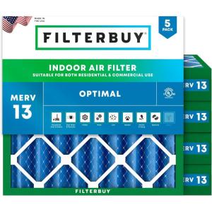 imageFilterbuy 1125x1125x4 Air Filter MERV 13 Optimal Defense 5Pack Pleated HVAC AC Furnace Air Filters Replacement Actual Size 1125 x 1125 x 363 Inches