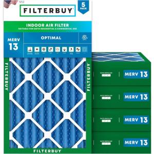 imageFilterbuy 13x21x4 Air Filter MERV 13 Optimal Defense 5Pack Pleated HVAC AC Furnace Air Filters Replacement Actual Size 1300 x 2100 x 363 Inches