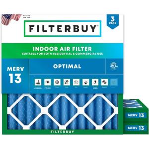 imageFilterbuy 2125x2125x2 Air Filter MERV 13 Optimal Defense 3Pack Pleated HVAC AC Furnace Air Filters Replacement Actual Size 2125 x 2125 x 175 Inches