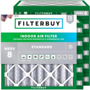 imageFilterbuy 16x16x4 Air Filter MERV 8 MPR 700 Dust Defense Replacement 12Pack Electrostatic Pleated HVAC AC Furnace Filters Made in USA Actual Size 1550 x 1550 x 363
