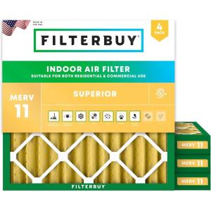 imageFilterbuy 1525x1525x2 Air Filter MERV 11 MPR 1200 Allergen Defense Replacement 4Pack Electrostatic Pleated HVAC AC Furnace Filters Made in USA Actual Size 1525 x 1525 x 175