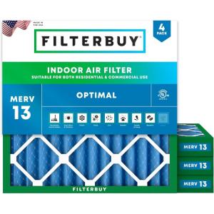 imageFilterbuy 20x24x2 Air Filter MERV 13 Optimal Smoke amp Allergy Defense 4Pack Electrostatic Pleated HVAC AC Furnace Filters Replacement Made in USA Actual Size 1938 x 2338 x 17525x25x2