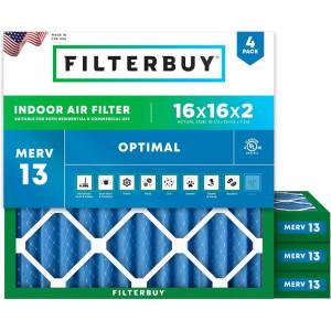 imageFilterbuy 20x24x2 Air Filter MERV 13 Optimal Smoke amp Allergy Defense 4Pack Electrostatic Pleated HVAC AC Furnace Filters Replacement Made in USA Actual Size 1938 x 2338 x 17516x16x2