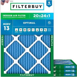 imageFilterbuy 20x24x2 Air Filter MERV 13 Optimal Smoke amp Allergy Defense 4Pack Electrostatic Pleated HVAC AC Furnace Filters Replacement Made in USA Actual Size 1938 x 2338 x 17520x24x1